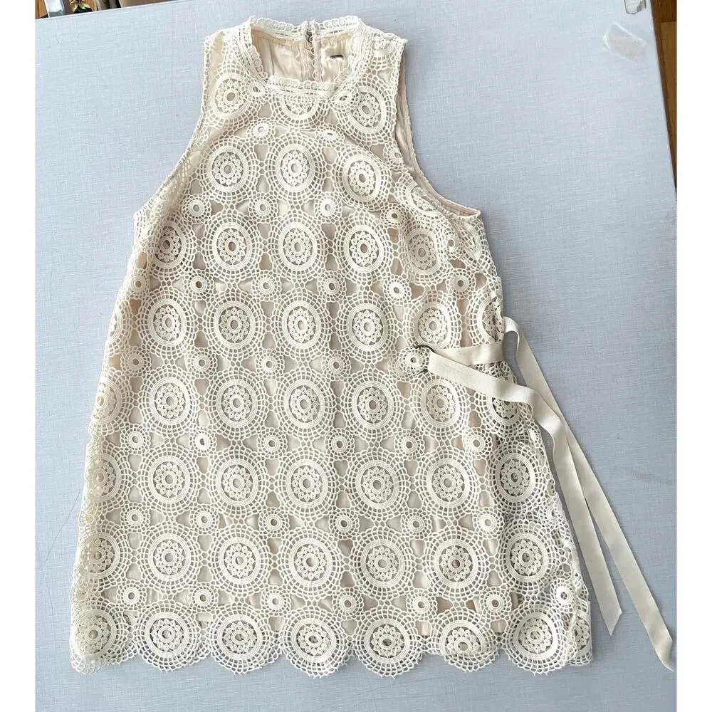 Free People Sz 10 Selma Lace Crochet Shift Dress Mini Boho Festival Prairie